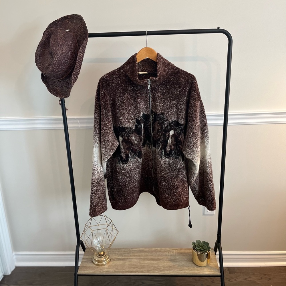 S.K. Sportswear Full Zip Fleece Sweater Mock Neck Brown Horse Themed Large - Picture 1 of 7